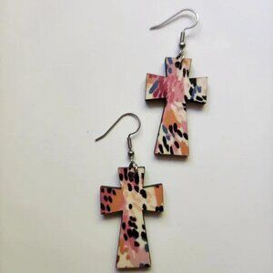 Animal Print Wood Cross Dangle Drop Casual Earrings